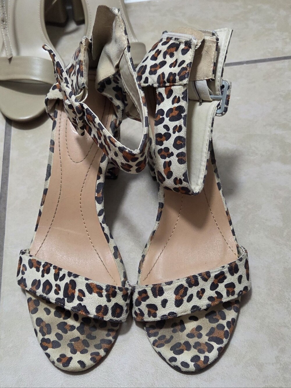 Qupid Leopard Print Ankle Strap Block Heels